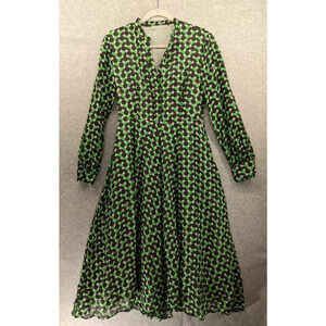 MARELLA Dress Women Sz 6 Green Black White Polka Dot Lined Cotton Silk Pockets